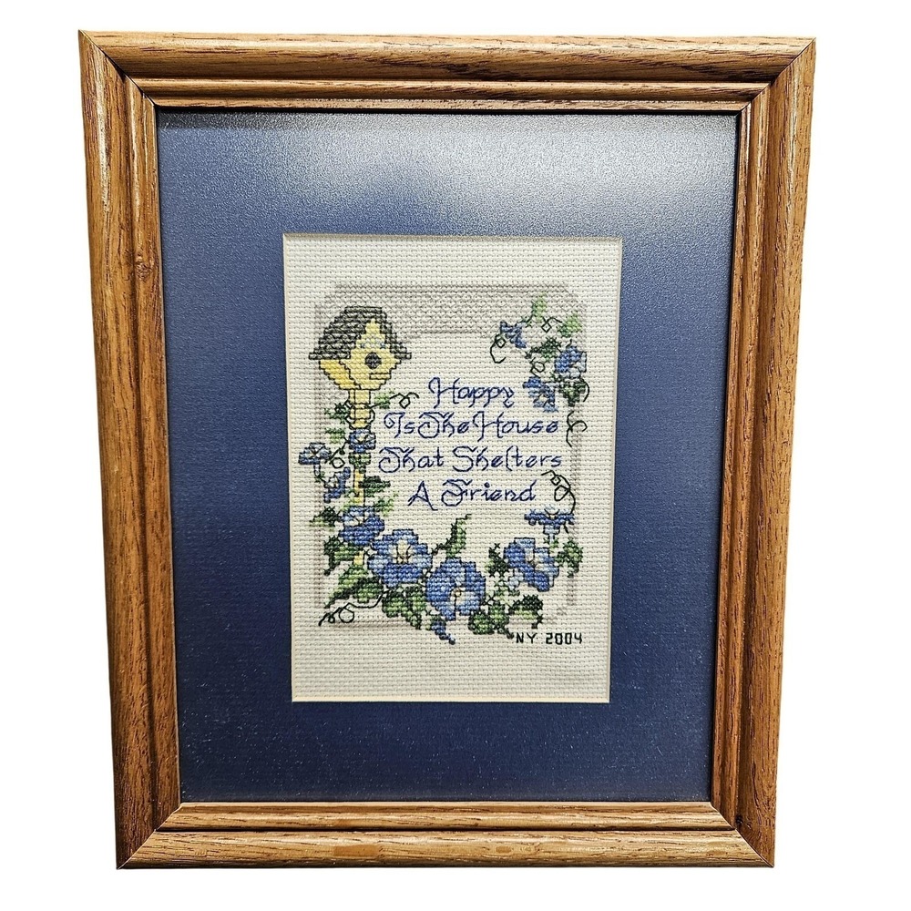 VTG 2004 Handmade Birdhouse Friendship Framed Cross Stitch Tapestry 9X11 Sampler